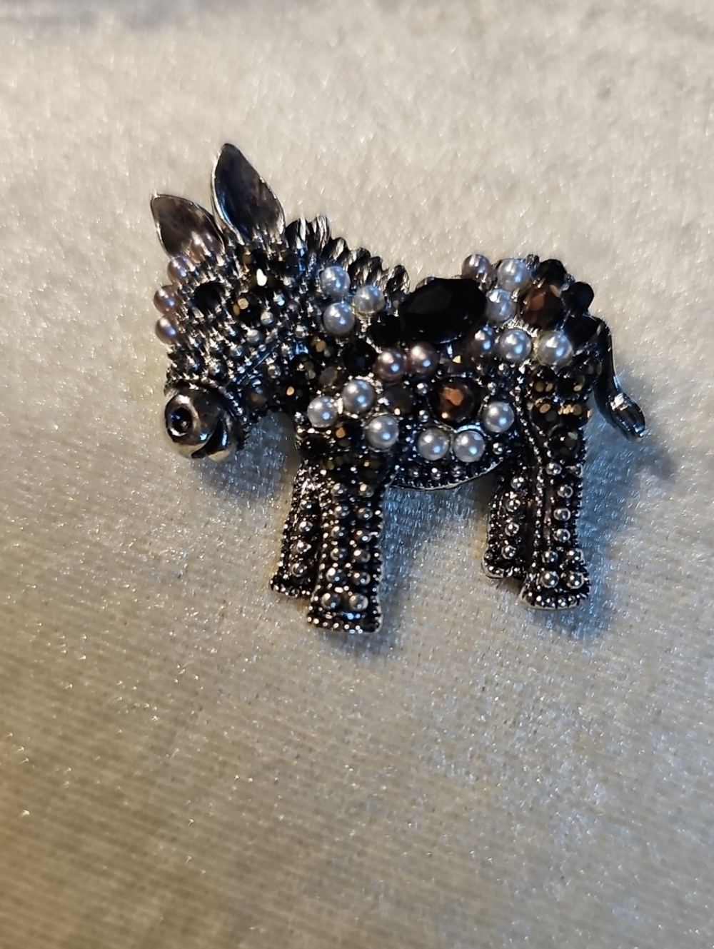 Embellished Donkey / Burro Brooch with Pearls and Black Stones
